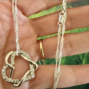 Silver Necklace, Double Hearts Necklace Crystals, .925 Silver Jewelry, Birthday
